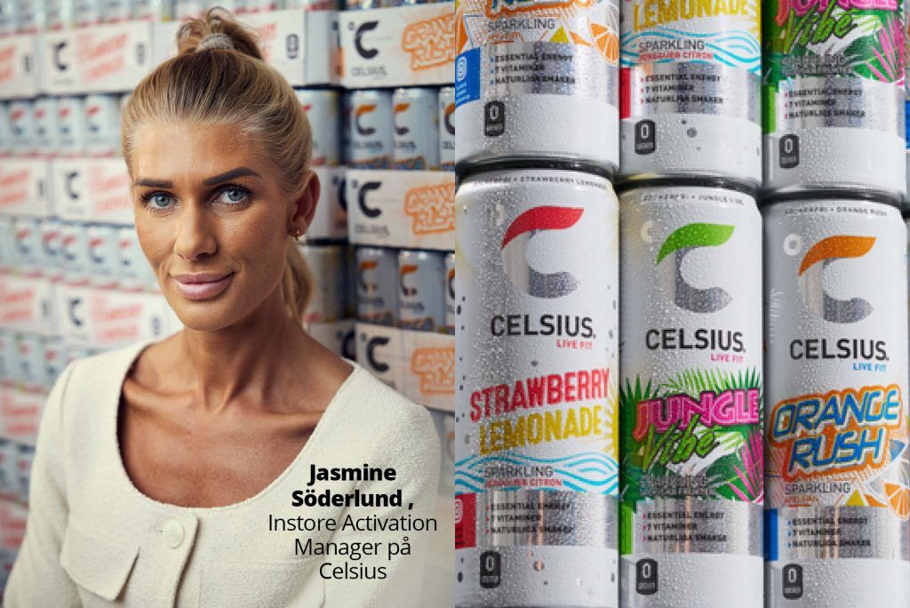 ClearOn_3_2024_NB_Celsius_artikel_NEW Jasmine Söderlund, Instore activation manager på Celsius, bredvid en butiksexponering.
